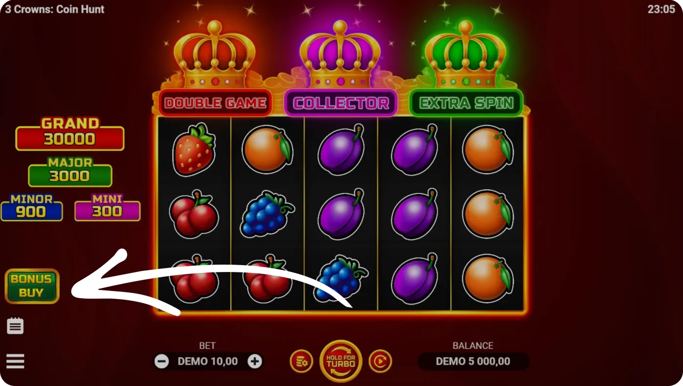 Funkcja Bonus Buy w 3 Crowns Coin Hunt — przycisk obok pola gry