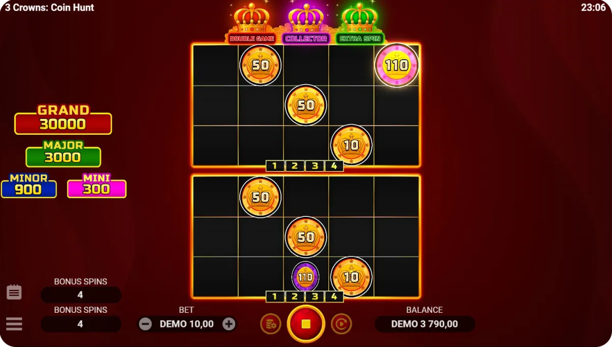 3 Crowns Coin Hunt jackpot: Bonus Game na dwóch polach z boosterem Double Game i licznikiem Grand 30000