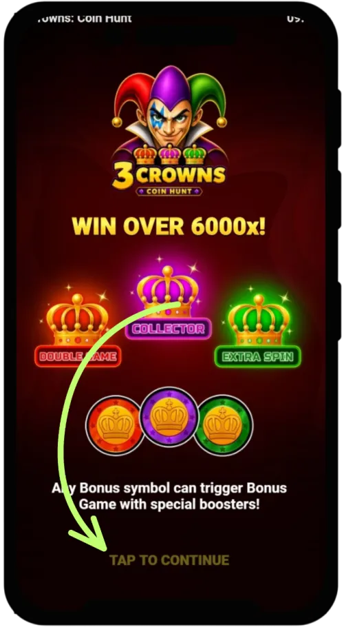Początek rozgrywki: ekran tytułowy 3 Crowns Coin Hunt, dotknij Tap to Continue