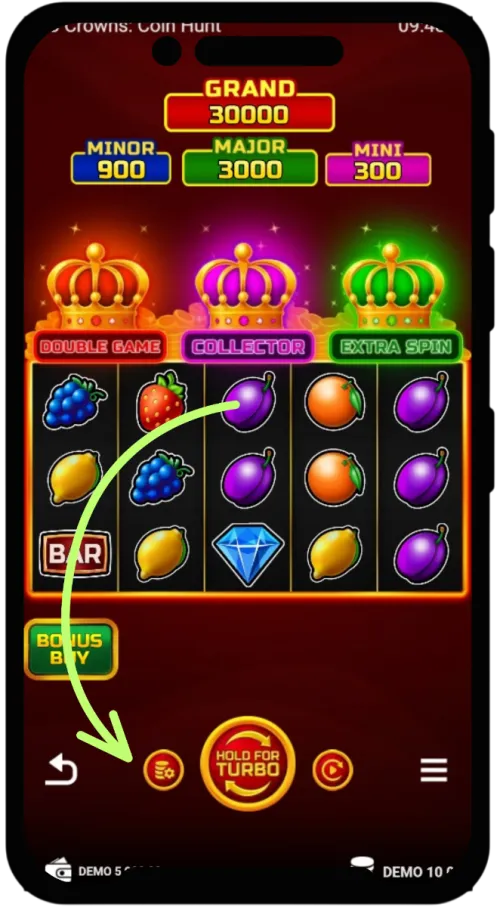 Wybór wysokości stawki w 3 Crowns Coin Hunt — przycisk ustawień stawki