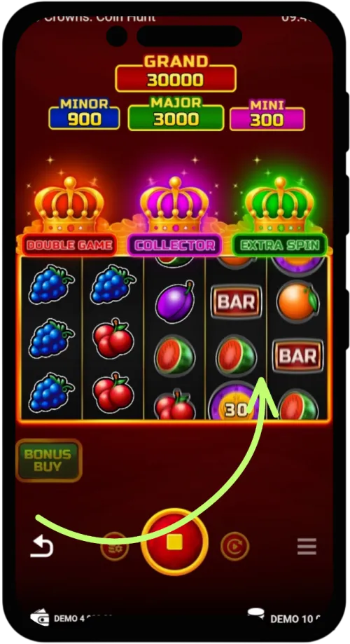 Uruchomienie spinów w 3 Crowns Coin Hunt — przycisk Spin