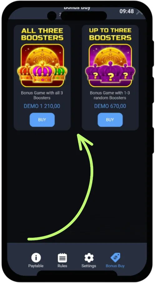 Zakup bonusu w 3 Crowns Coin Hunt — menu Bonus Buy z dwoma wariantami